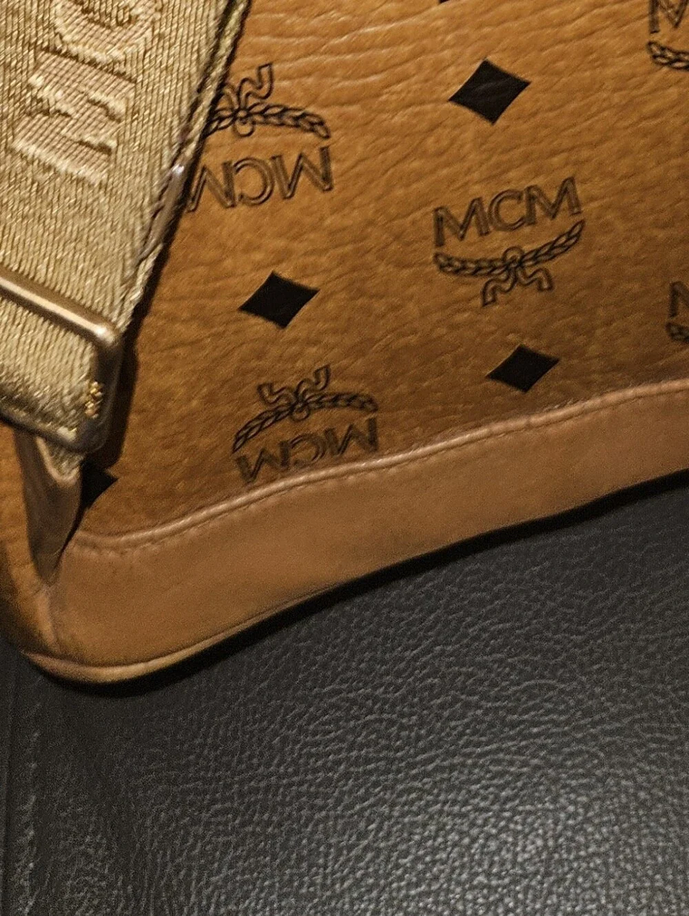 MCM Cognac Logo Studded Visetos Backpack with Gold Hardware